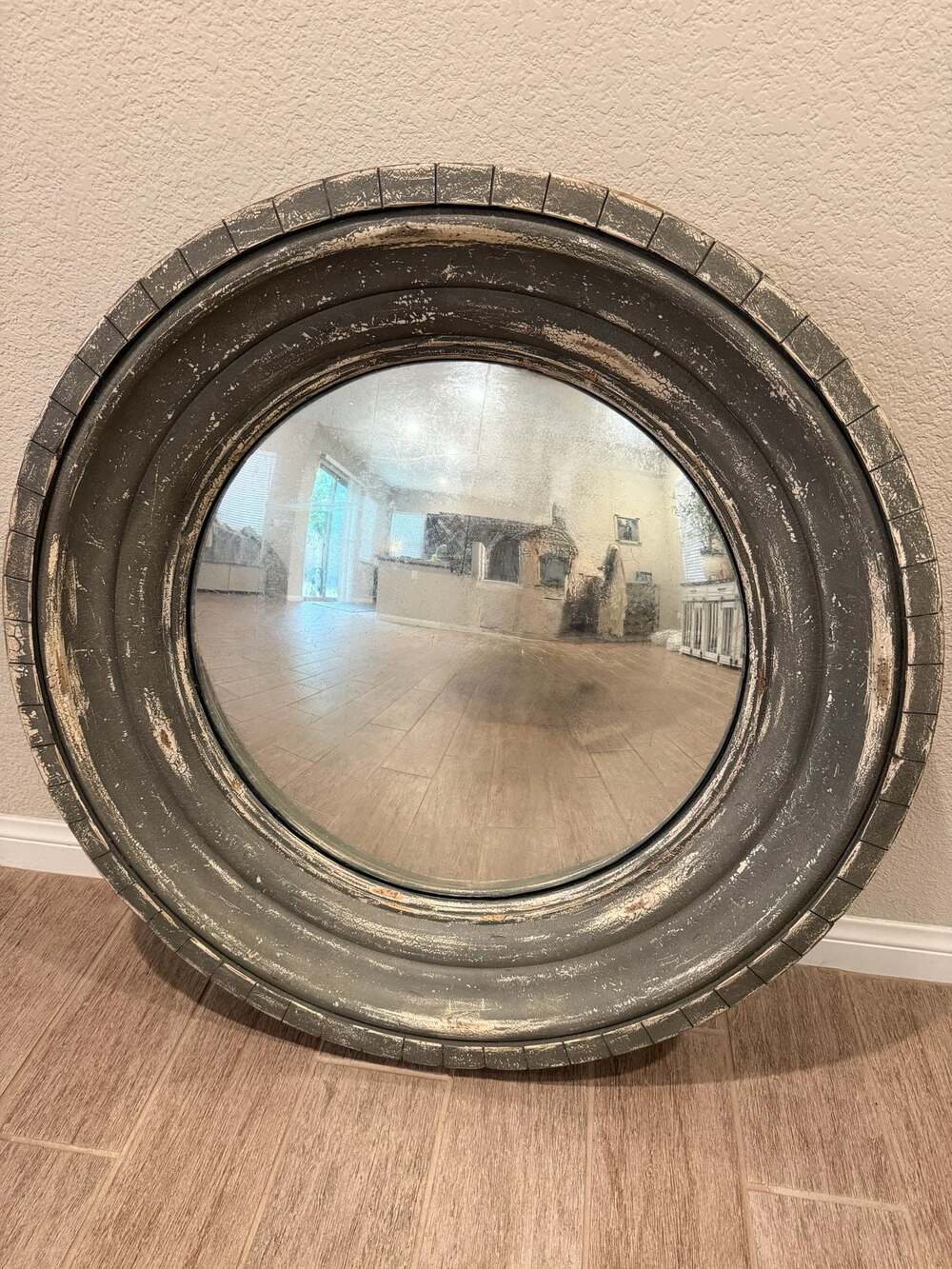 Restoration Hardware: Madison round convex mirror. Gray/distressed finish.